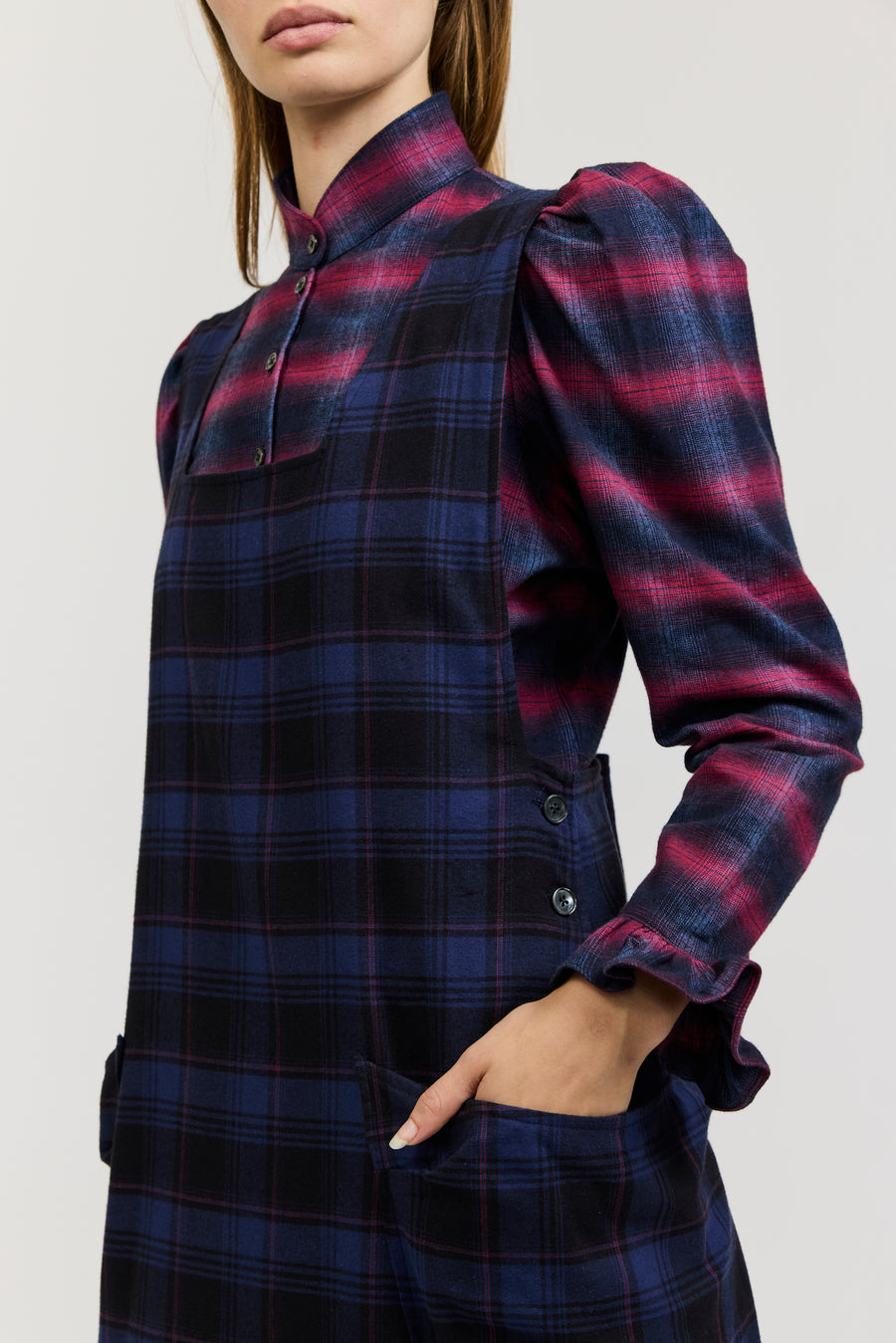 Meredith Dress in Navy and Purple Check Flannel