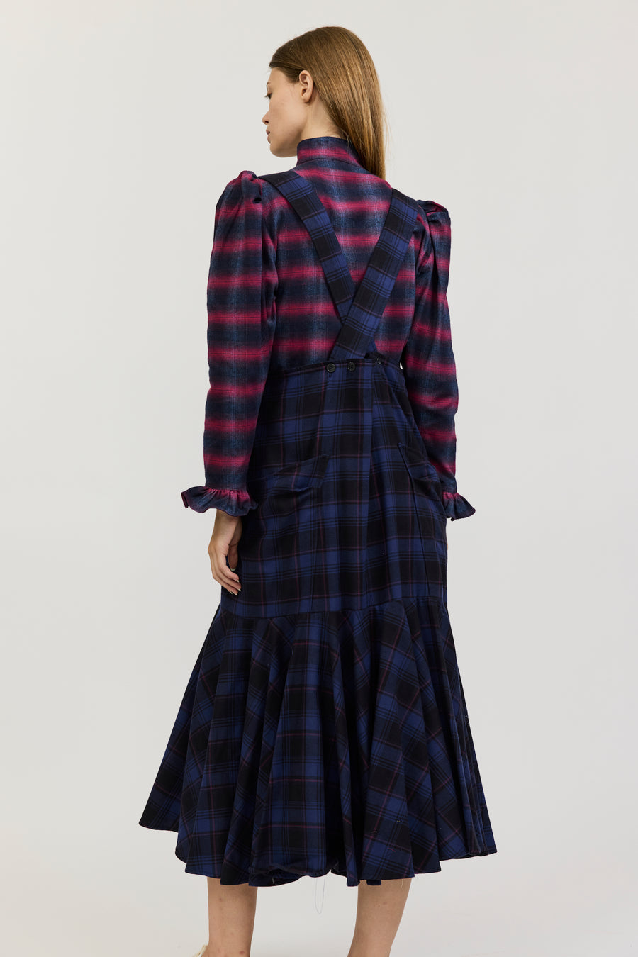 Meredith Dress in Navy and Purple Check Flannel