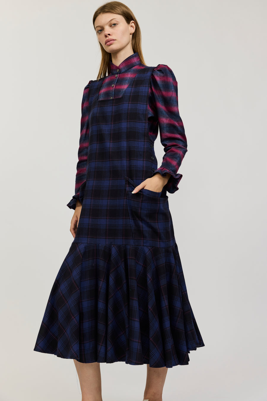 Meredith Dress in Navy and Purple Check Flannel