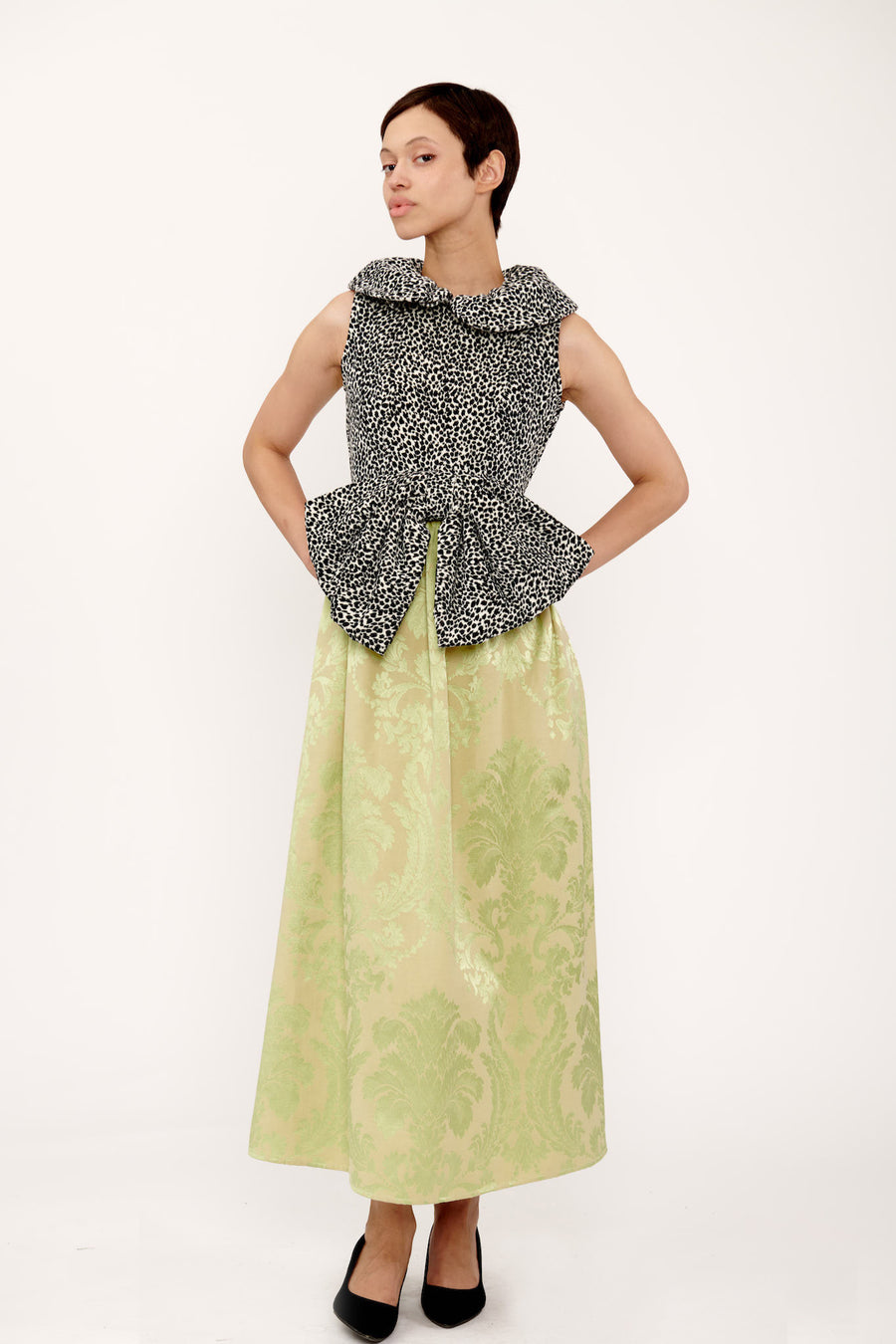 Mandy Dress in Lime Jacquard and Leopard Velvet