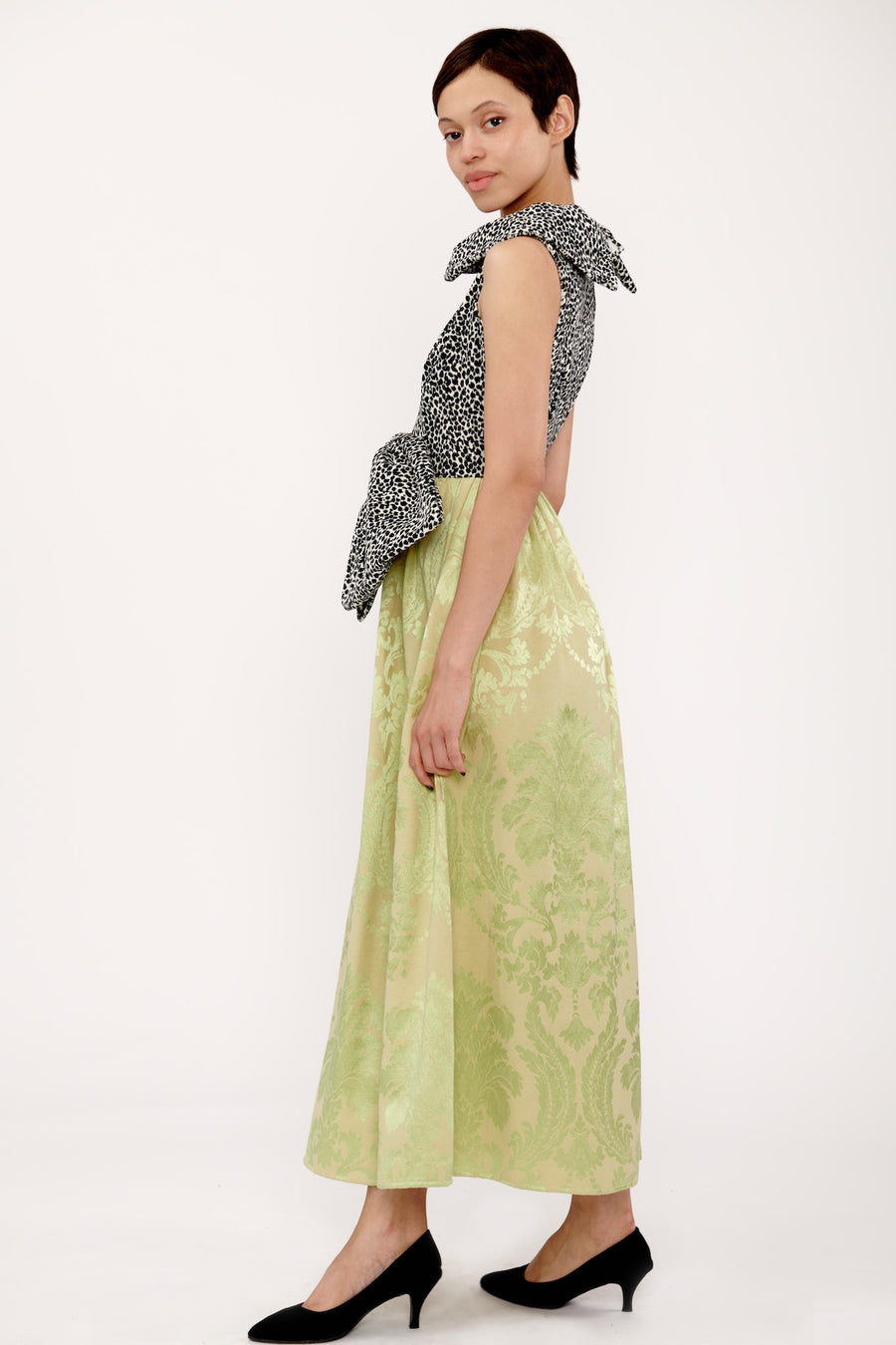 Mandy Dress in Lime Jacquard and Leopard Velvet