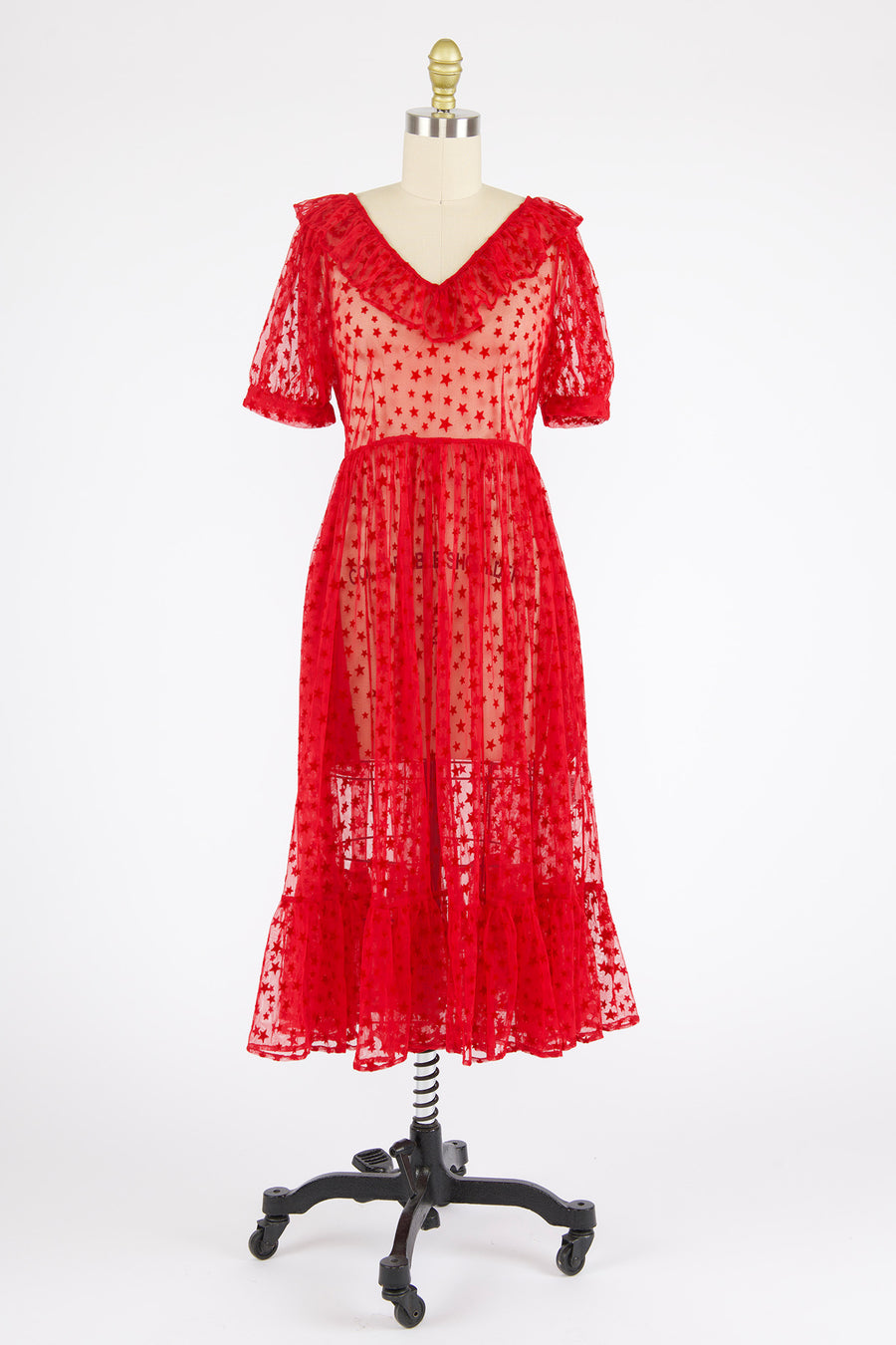 Ruffle May Dress in Red Flocked Star