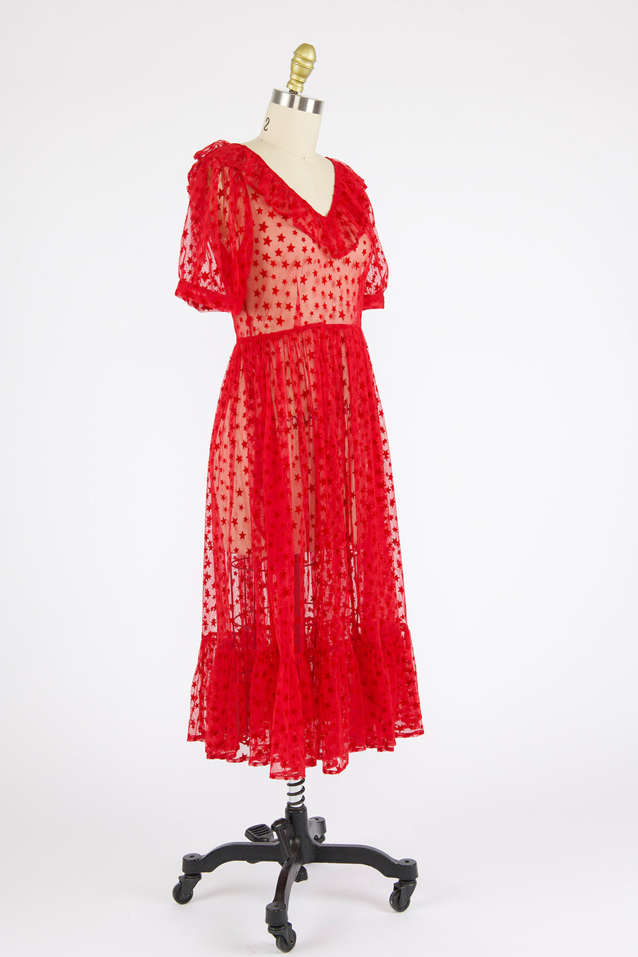 Ruffle May Dress in Red Flocked Star