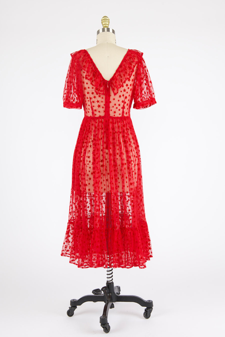 Ruffle May Dress in Red Flocked Star