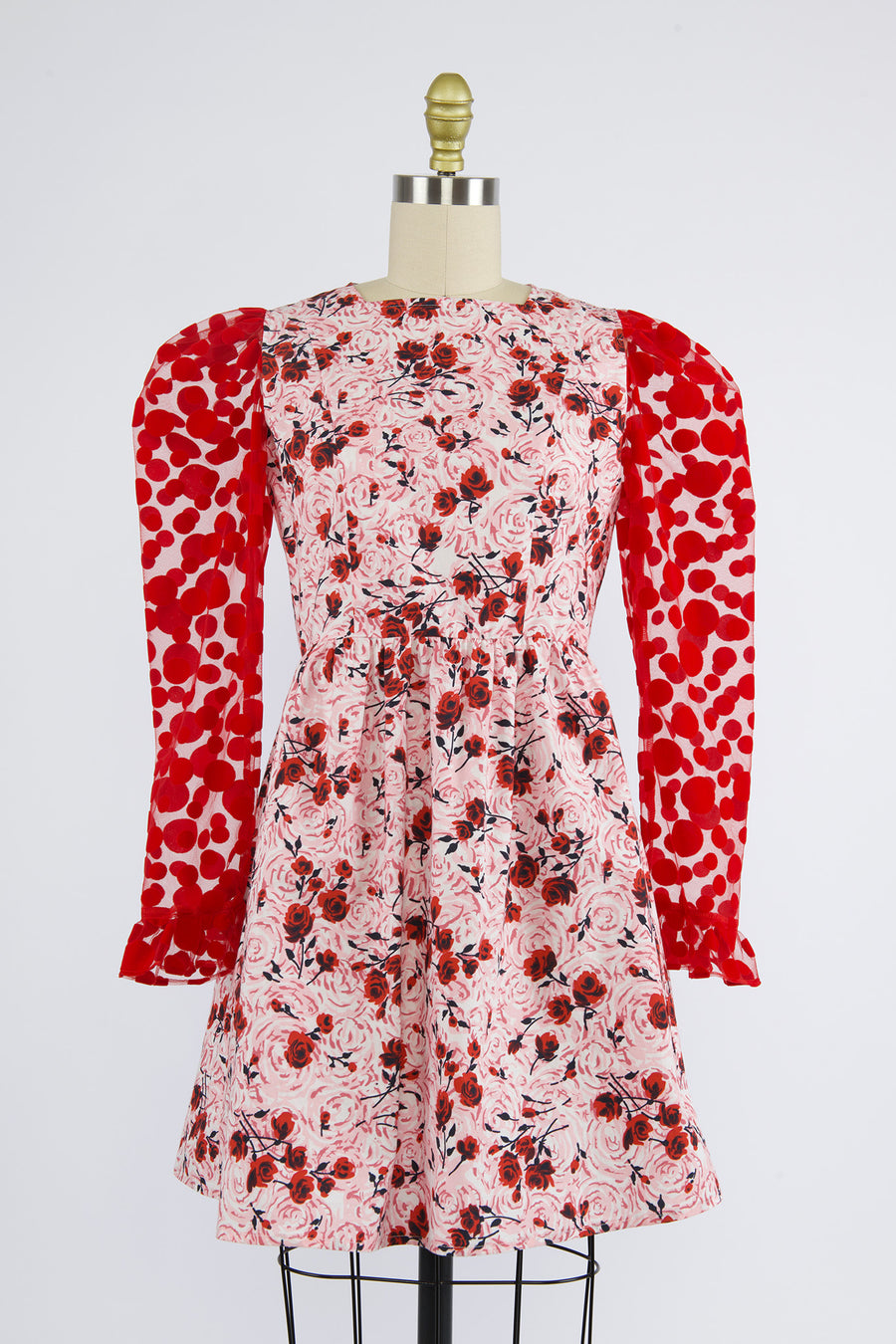 Square Neck Mini Prairie Dress in Roses and Dots