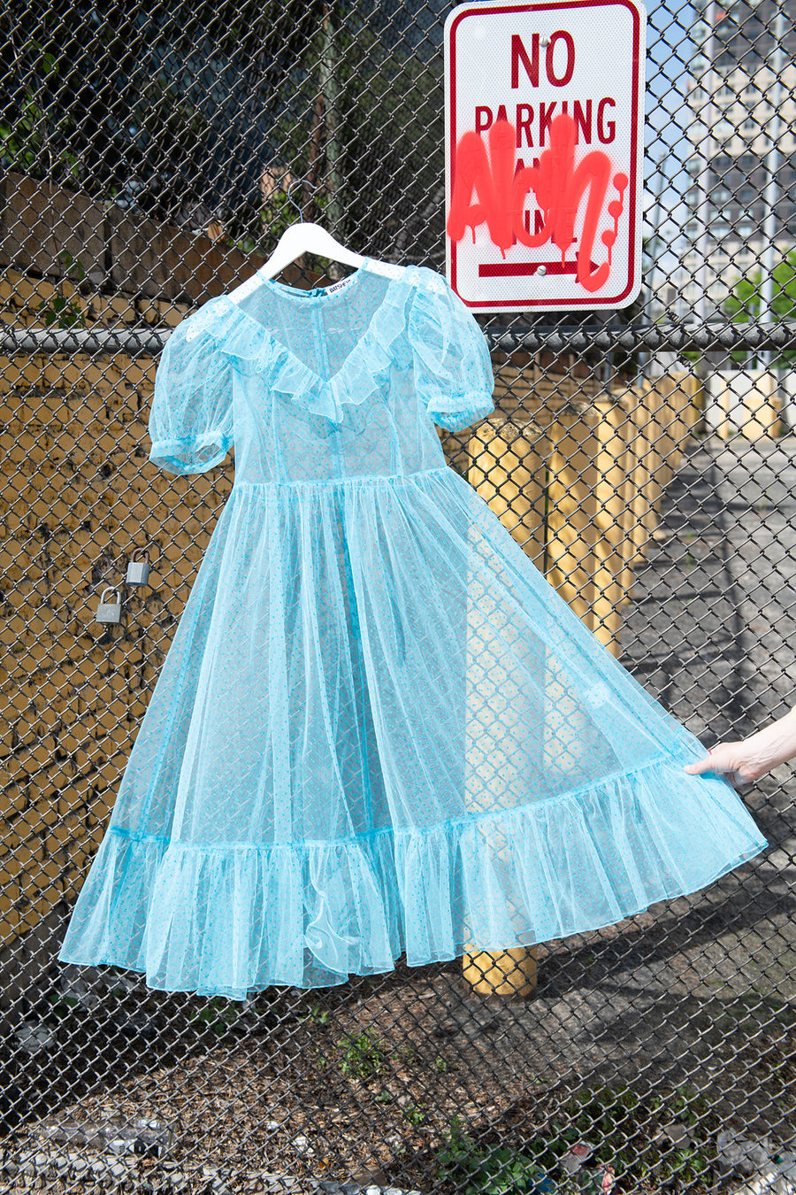 BATSHEVA - One-of-a-Kind Ruffle May Dress in Turquoise Flocked Polka Dot