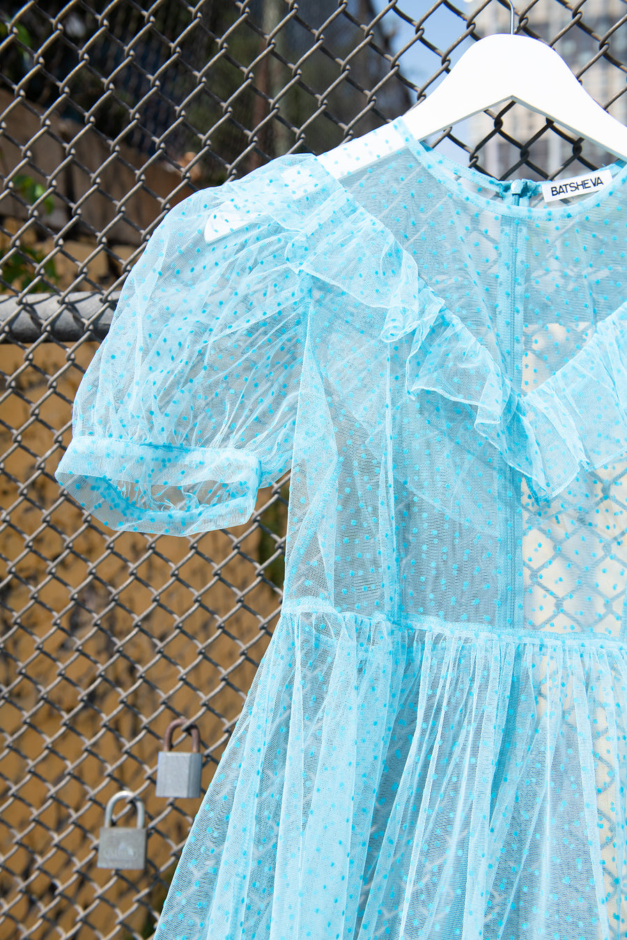 BATSHEVA - One-of-a-Kind Ruffle May Dress in Turquoise Flocked Polka Dot