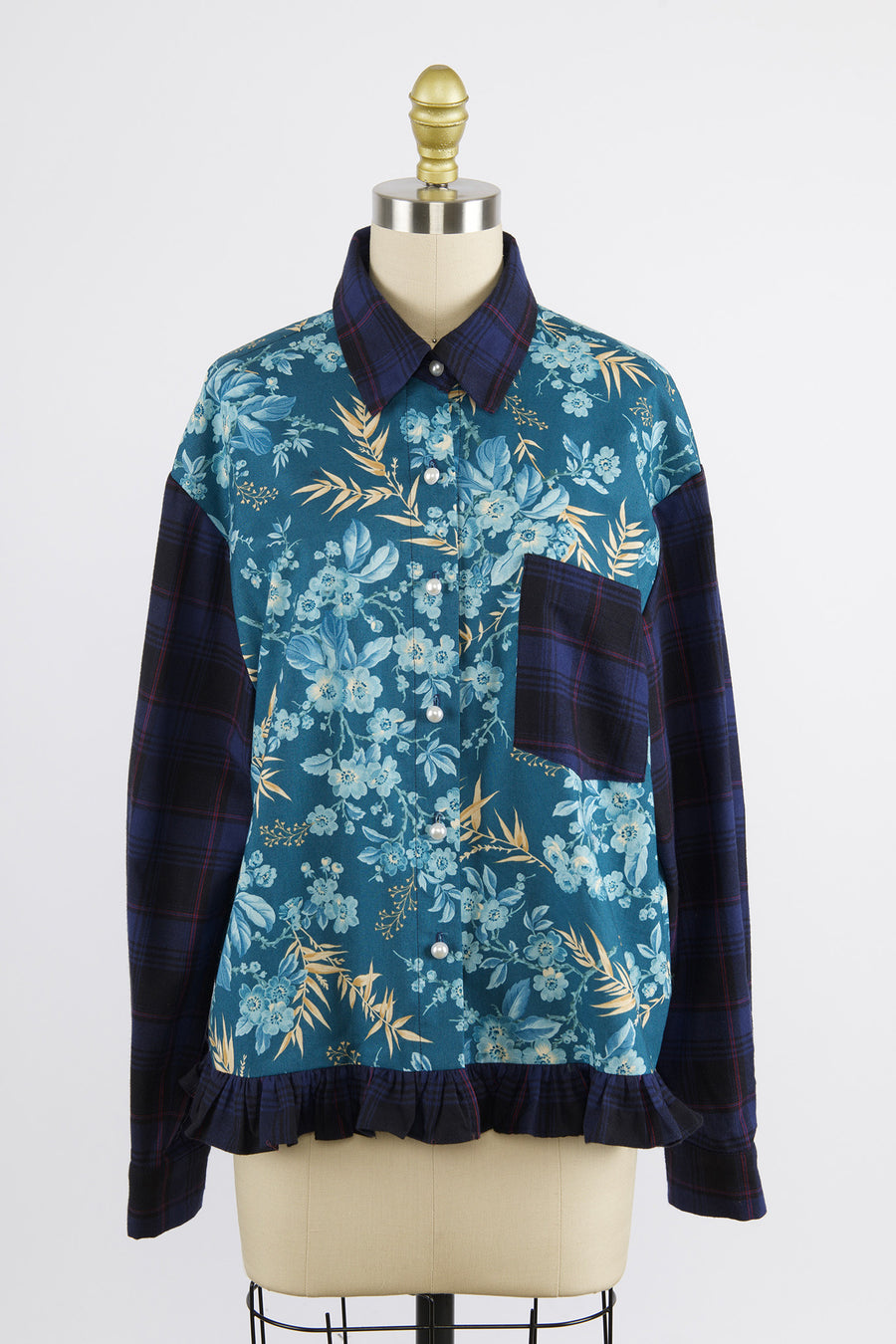 Ruffled Button Up Shirt in Deadstock Floral and Flannel