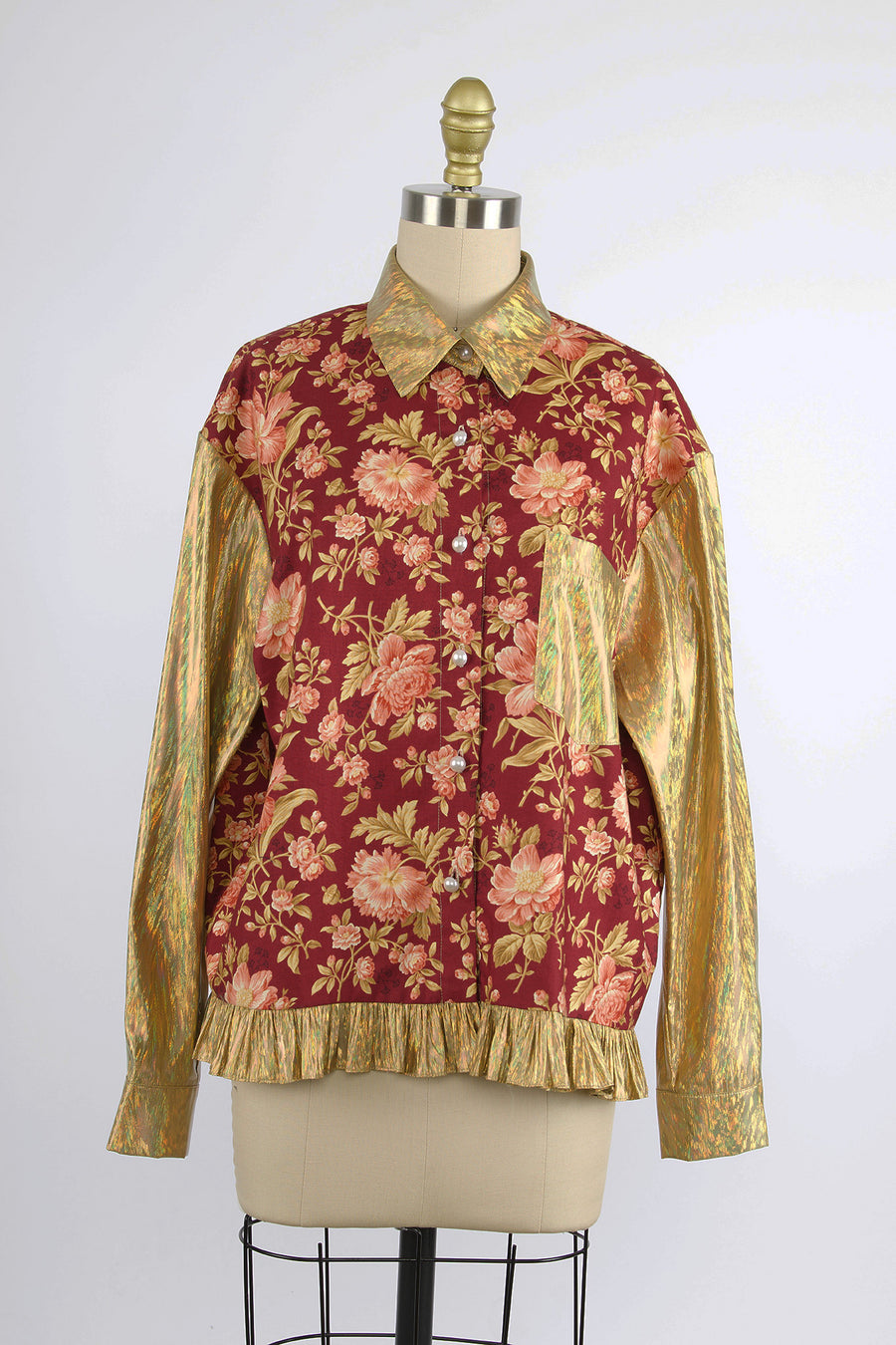 Ruffled Button Up Shirt in Deadstock Floral and Gold Holographic