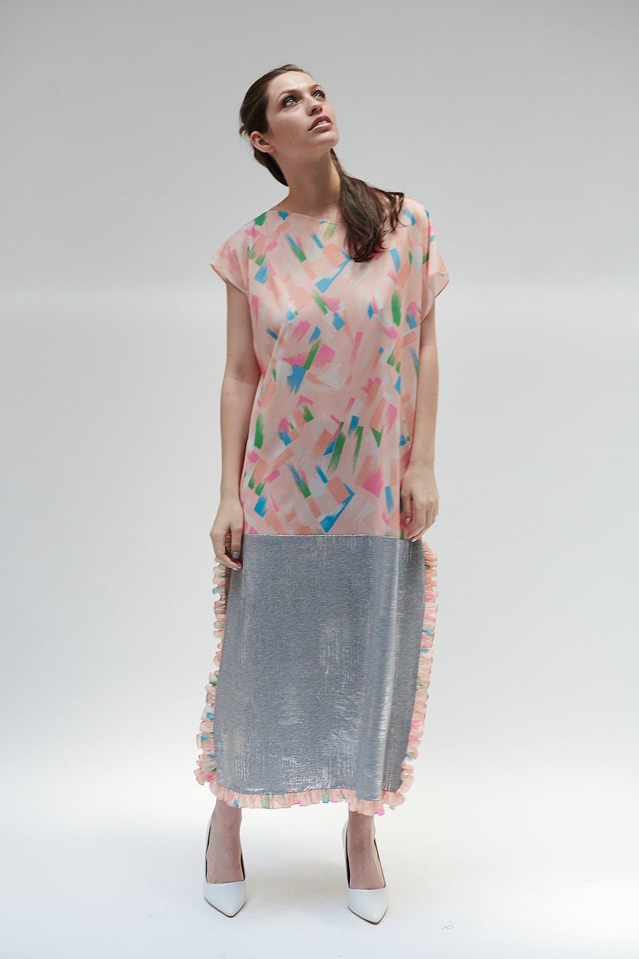 Caftan in Abstract Peach and Silver Jersey