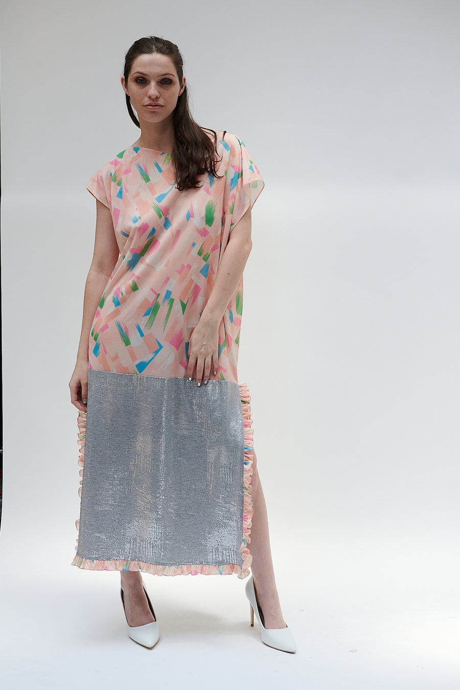 Caftan in Abstract Peach and Silver Jersey