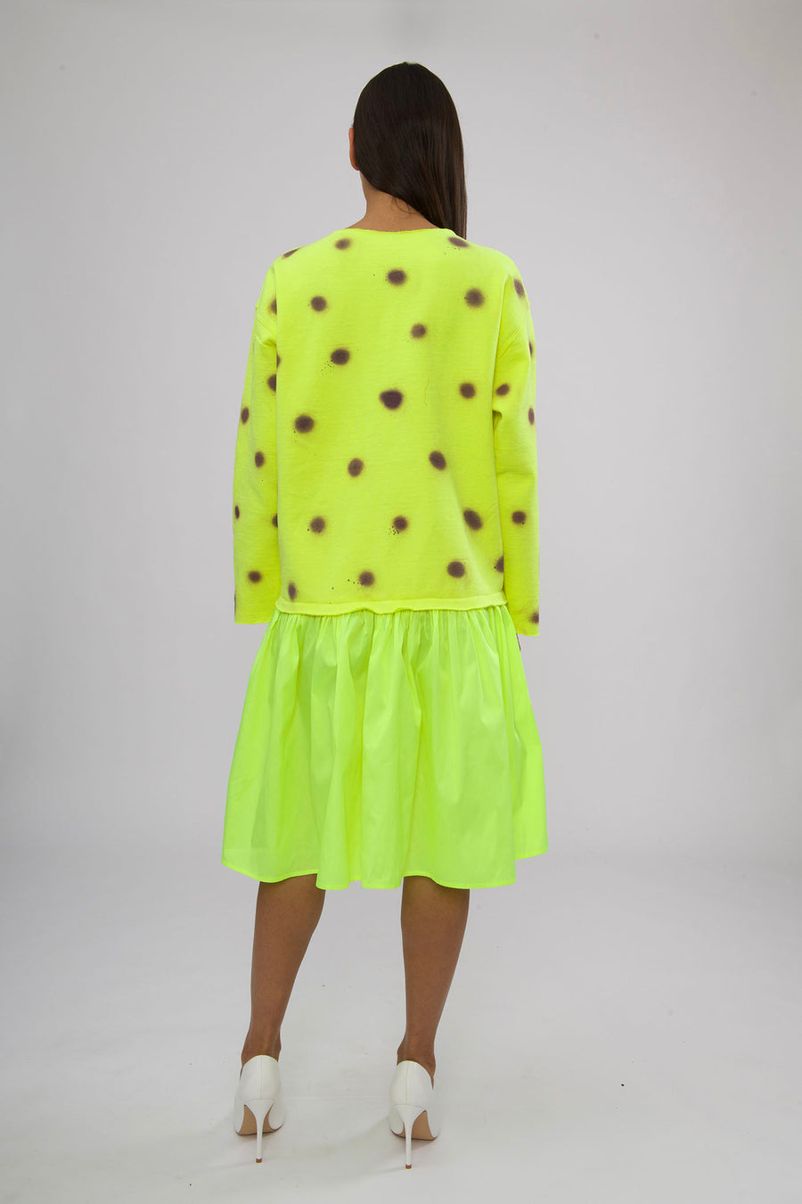 BATSHEVA - Neon Yellow Sweatshirt Dress with Purple Polka Dots and Rhinestones