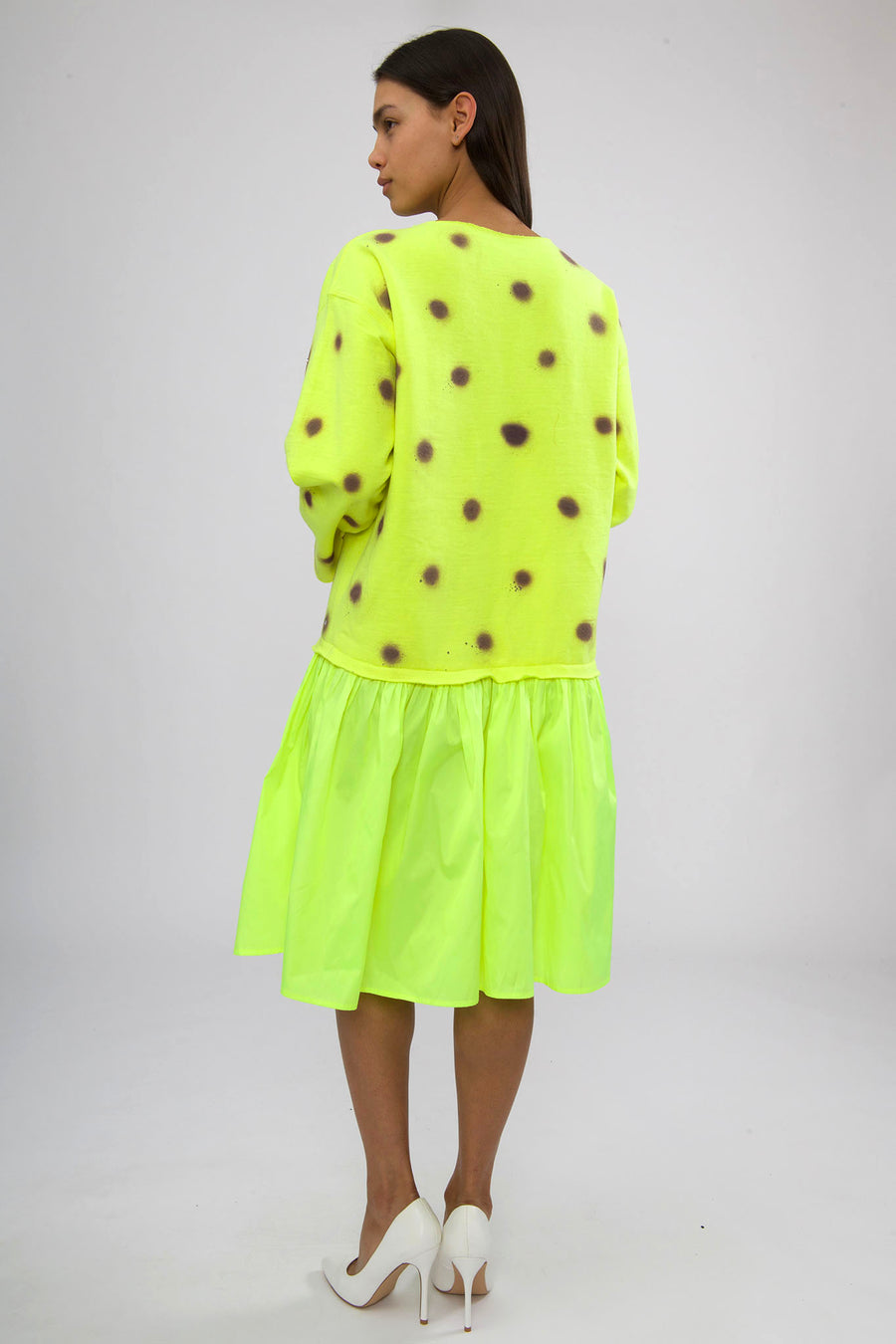BATSHEVA - Neon Yellow Sweatshirt Dress with Purple Polka Dots and Rhinestones