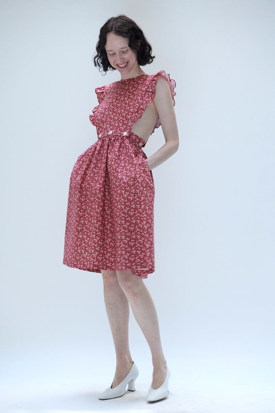 red apron dress Red linen pinafore apron dress, casual cross back occasion outfit, adjustable woman gown with pockets, natural knee length mid sized robe