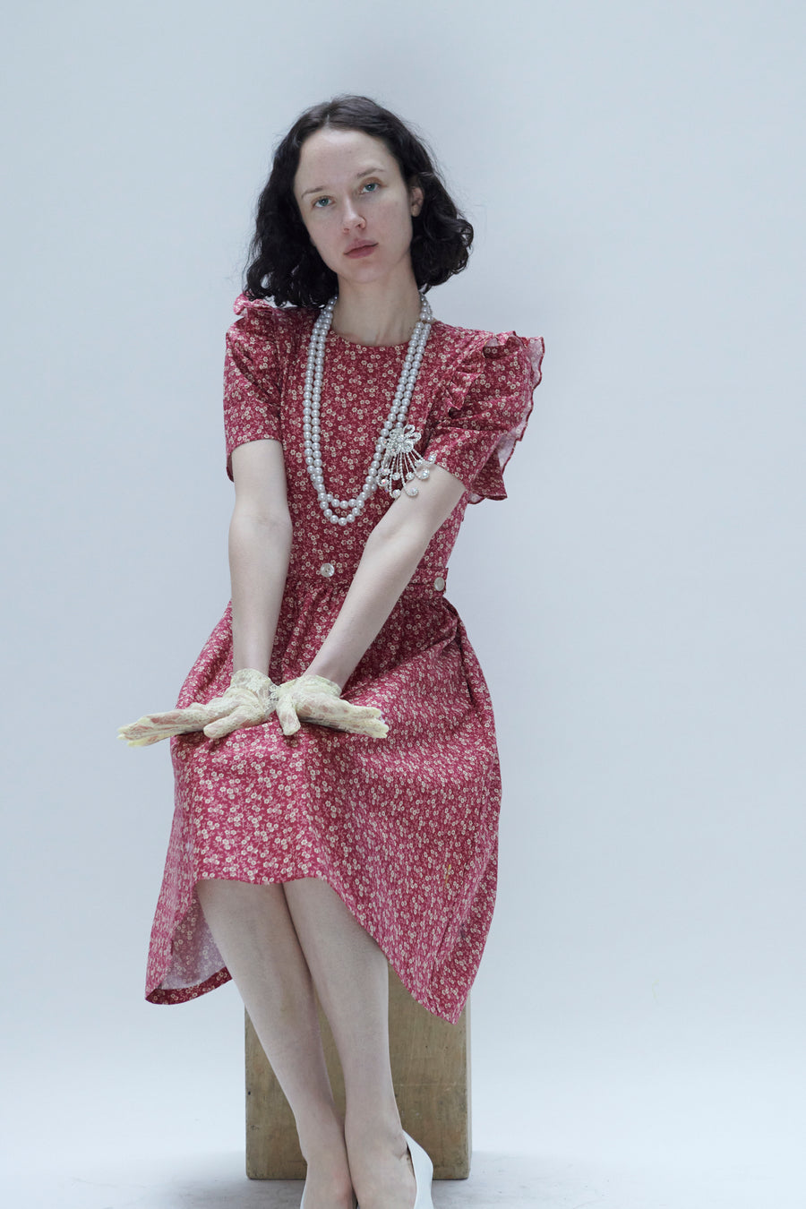 Apron Dress in Red Floral BATSHEVA Apron Dress in Red Floral BATSHEVA