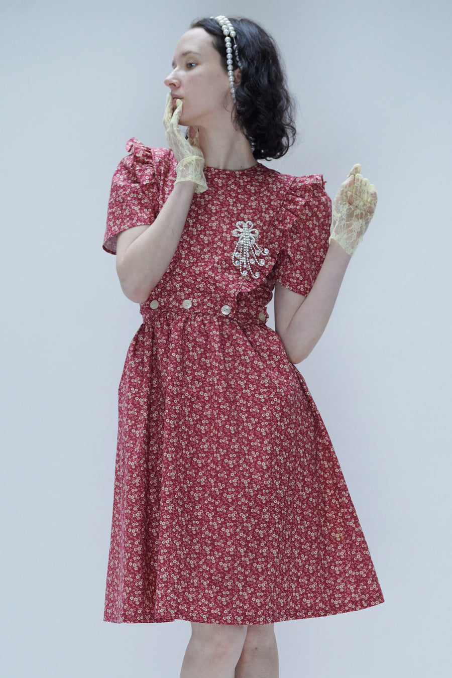 strapless open back dress Apron Dress in Red Floral – BATSHEVA