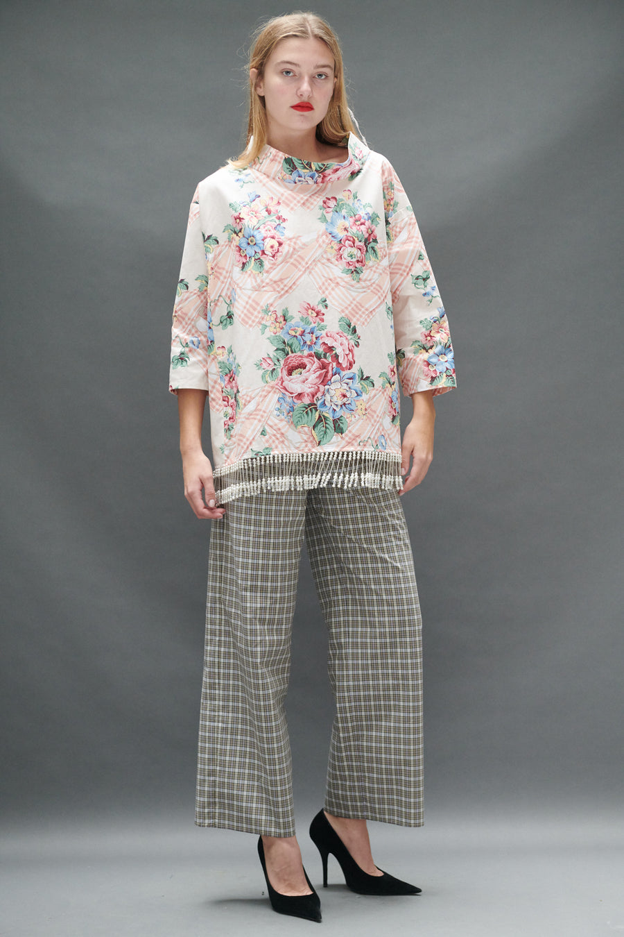 Abigail Coatdress in Floral Trompe L'Oeil Upholstery with Pearl Beaded Trim