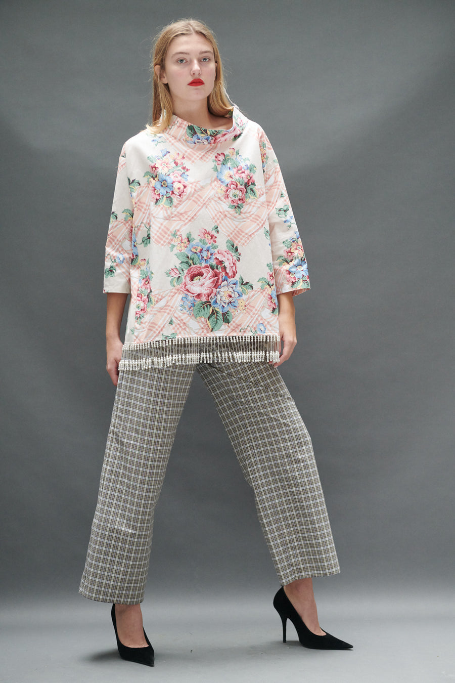 Abigail Coatdress in Floral Trompe L'Oeil Upholstery with Pearl Beaded Trim