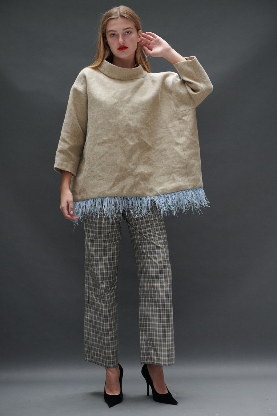 Abigail Coatdress in Burlap with Blue Ostrich Feathers