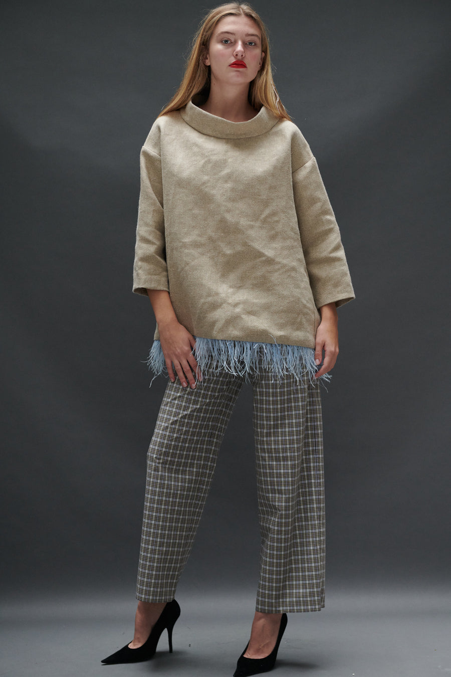 Abigail Coatdress in Burlap with Blue Ostrich Feathers