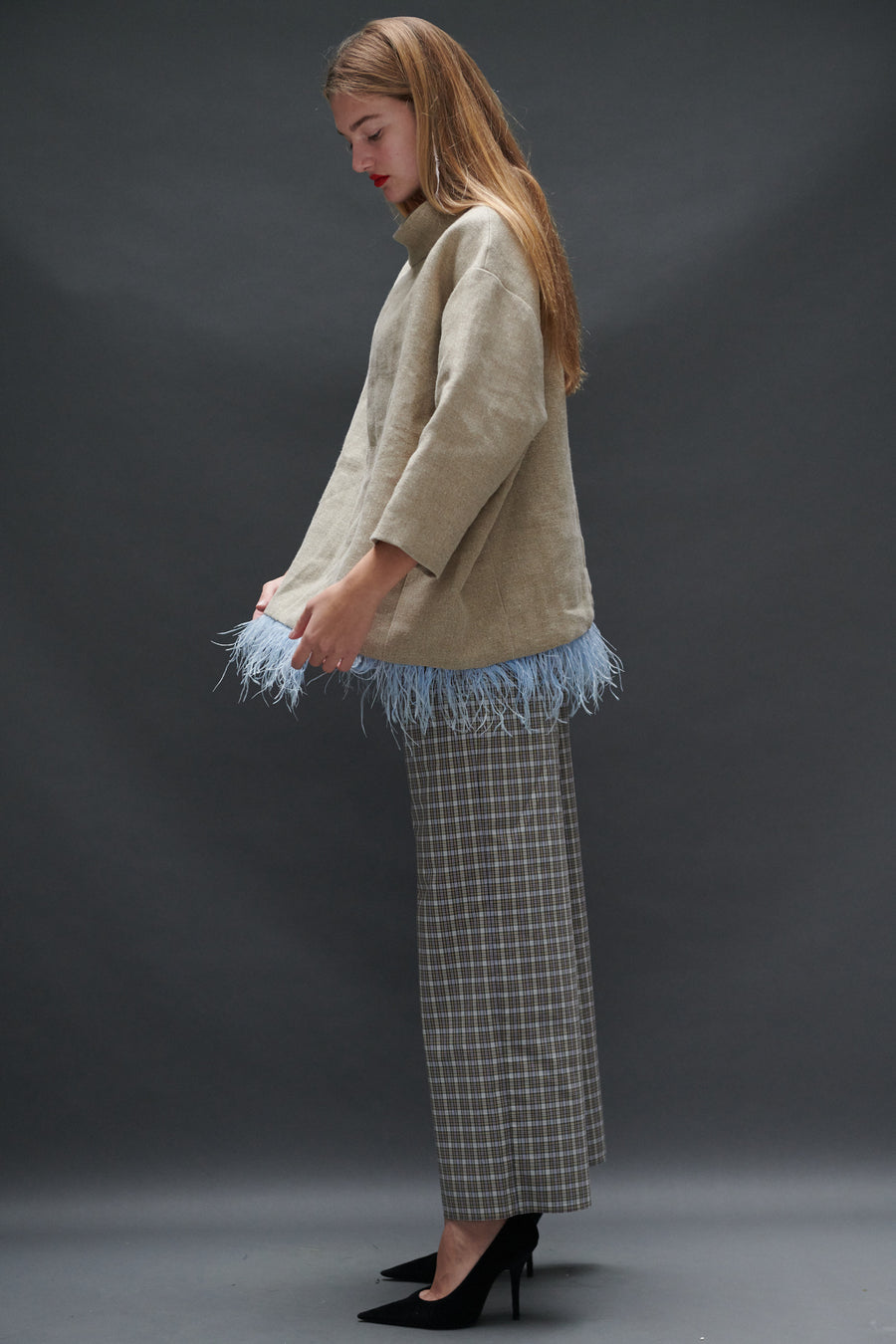 Abigail Coatdress in Burlap with Blue Ostrich Feathers