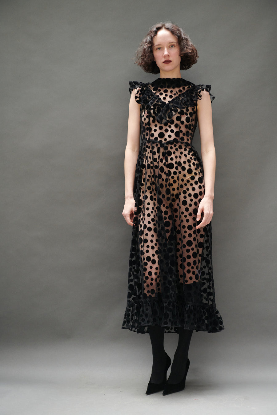 Caroline Dress in Black Flocked Dots