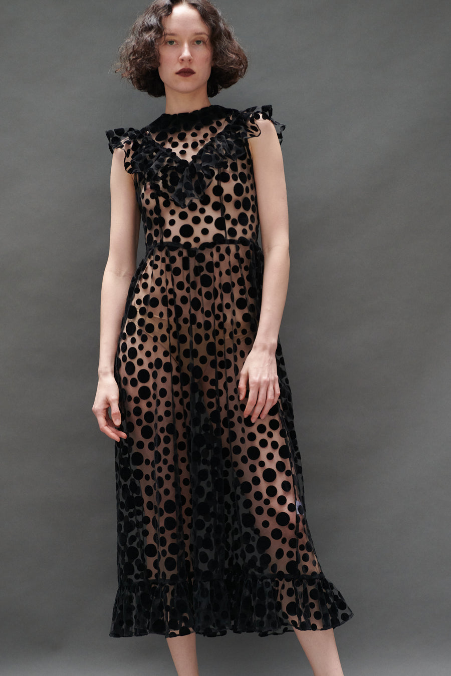 Caroline Dress in Black Flocked Dots