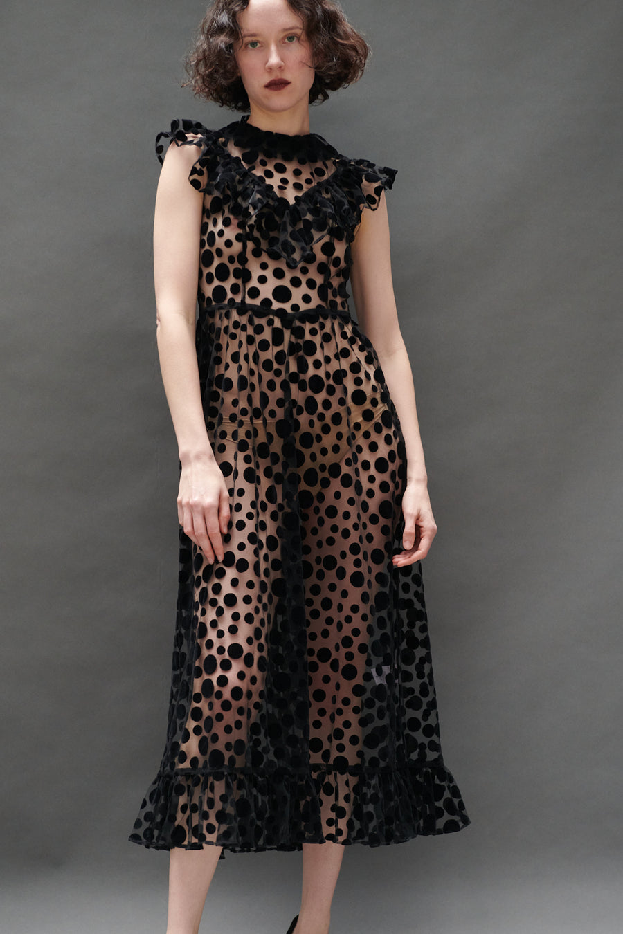 Caroline Dress in Black Flocked Dots