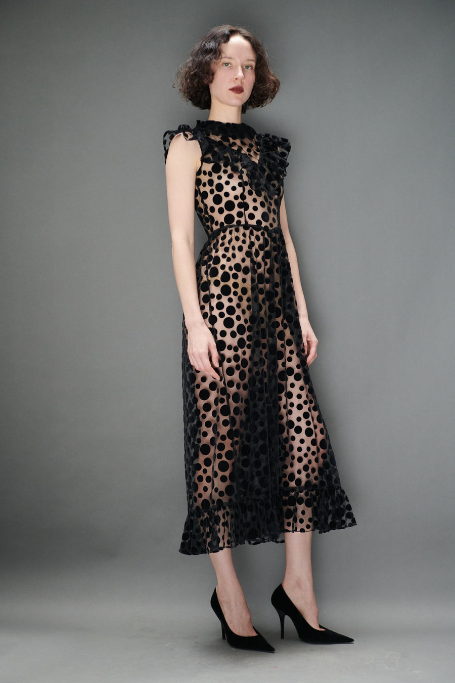 Caroline Dress in Black Flocked Dots