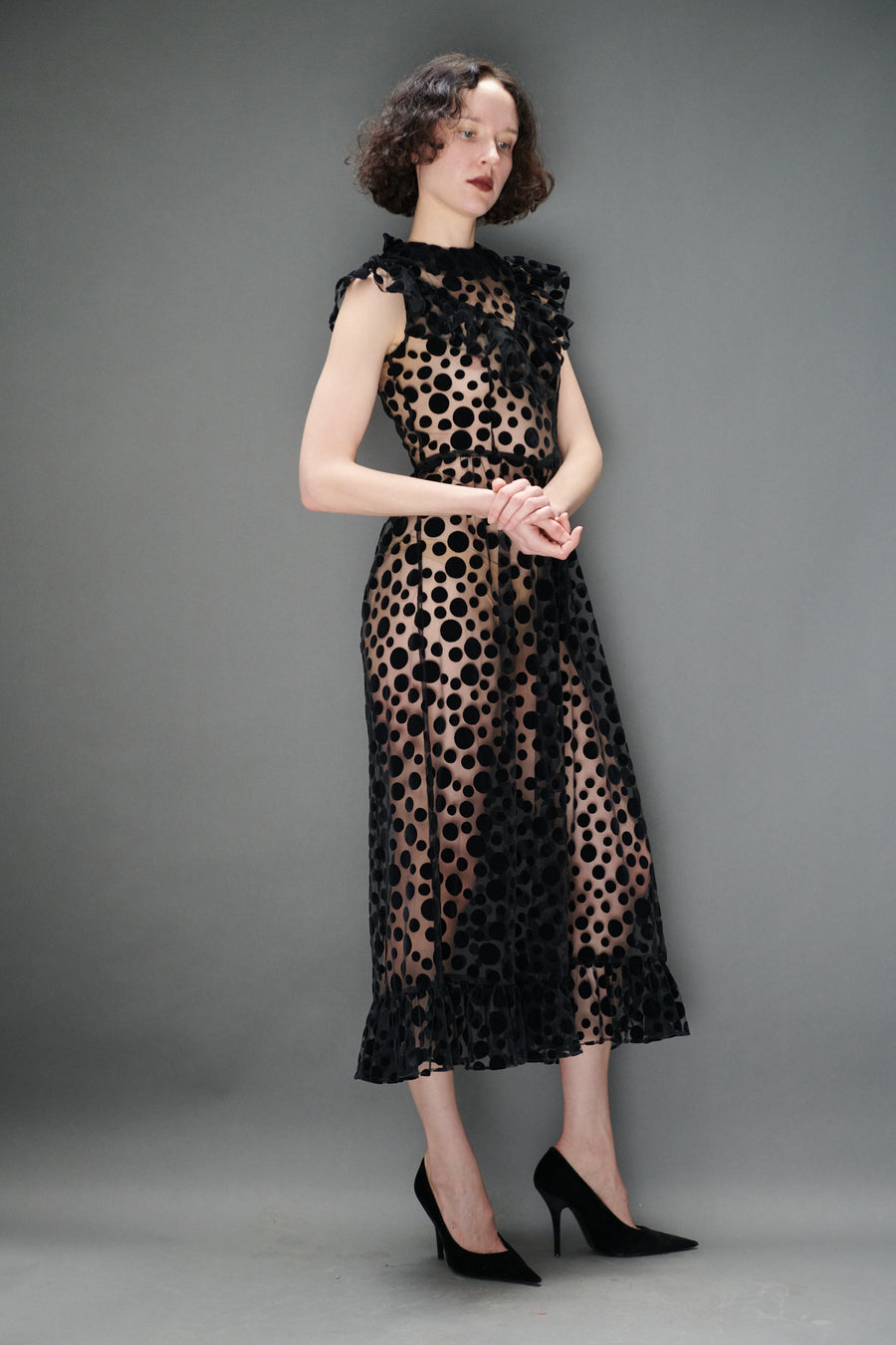 Caroline Dress in Black Flocked Dots