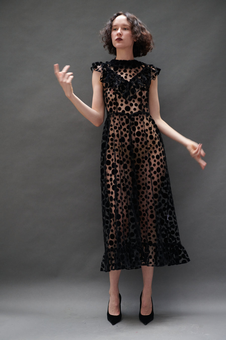 Caroline Dress in Black Flocked Dots