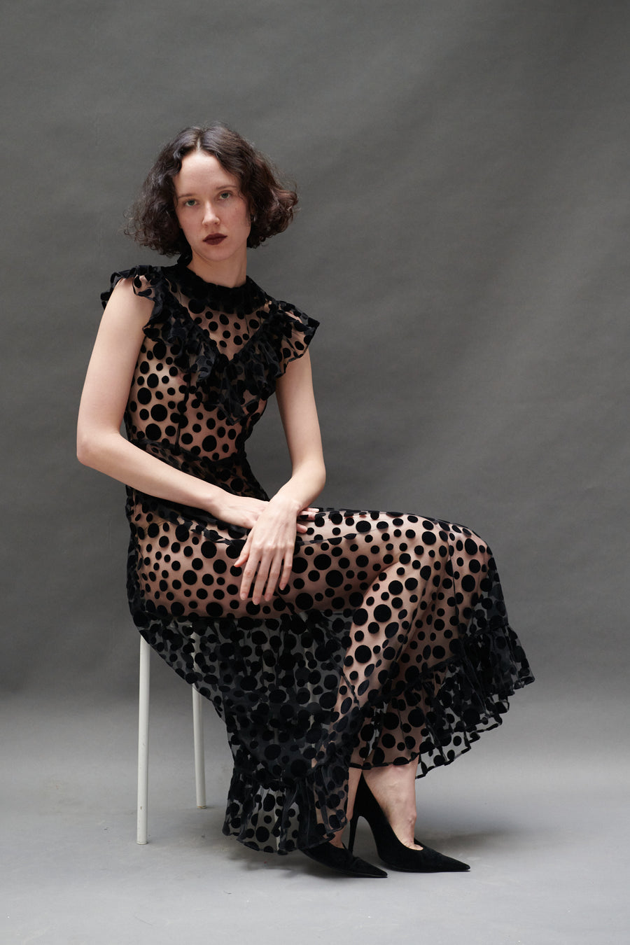 Caroline Dress in Black Flocked Dots