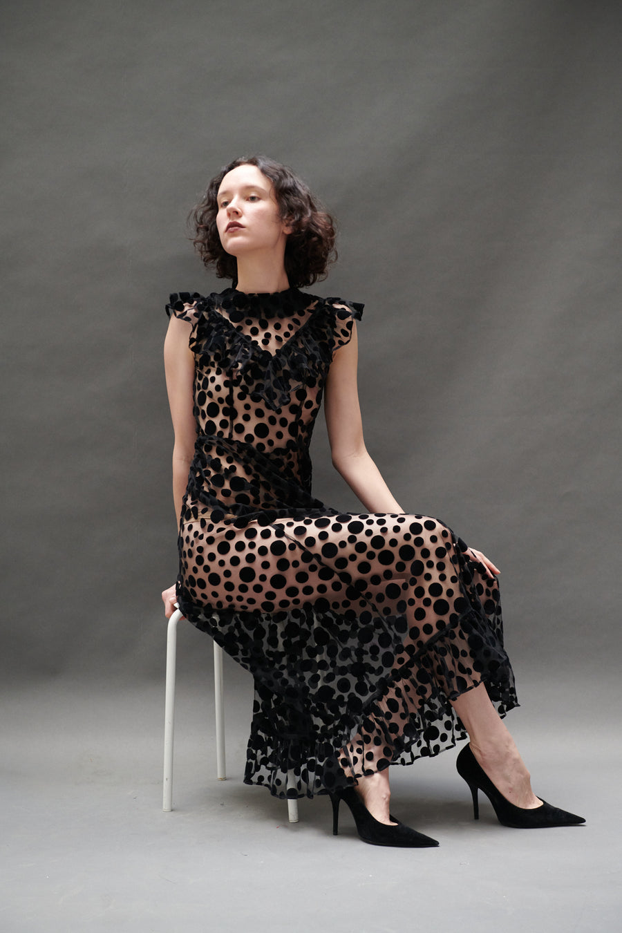 Caroline Dress in Black Flocked Dots