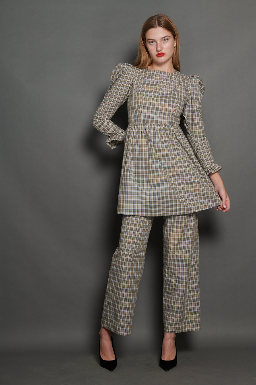 Square Neck Mini Prairie Dress in Beige Tartan