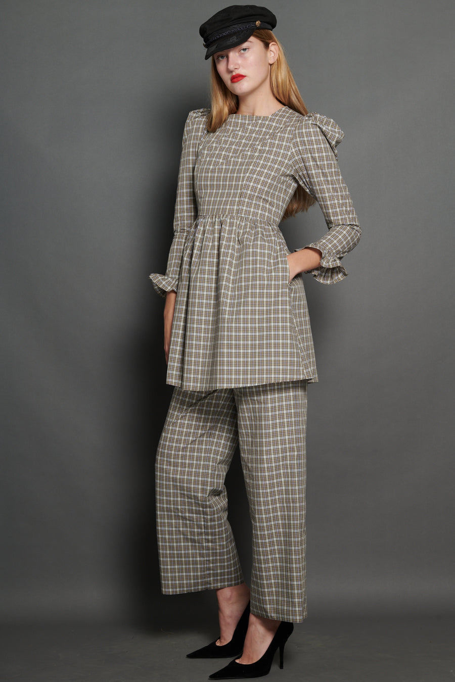 Square Neck Mini Prairie Dress in Beige Tartan