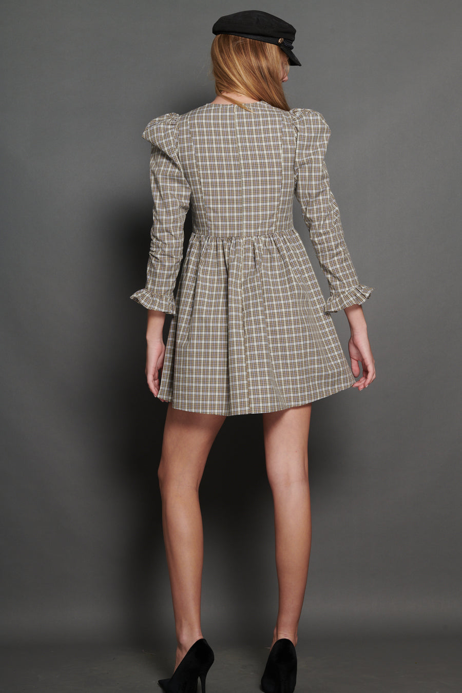 Square Neck Mini Prairie Dress in Beige Tartan