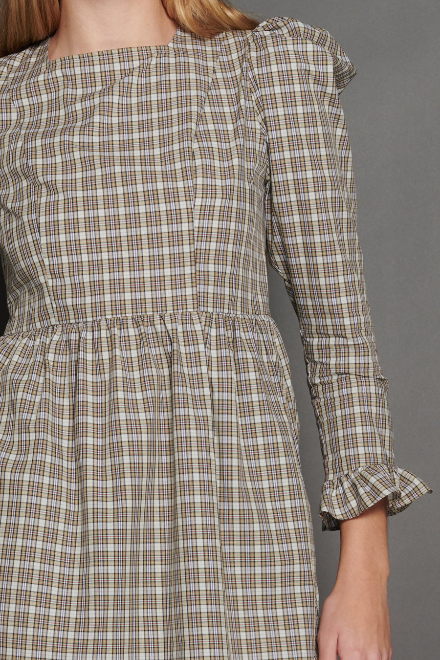 Square Neck Mini Prairie Dress in Beige Tartan