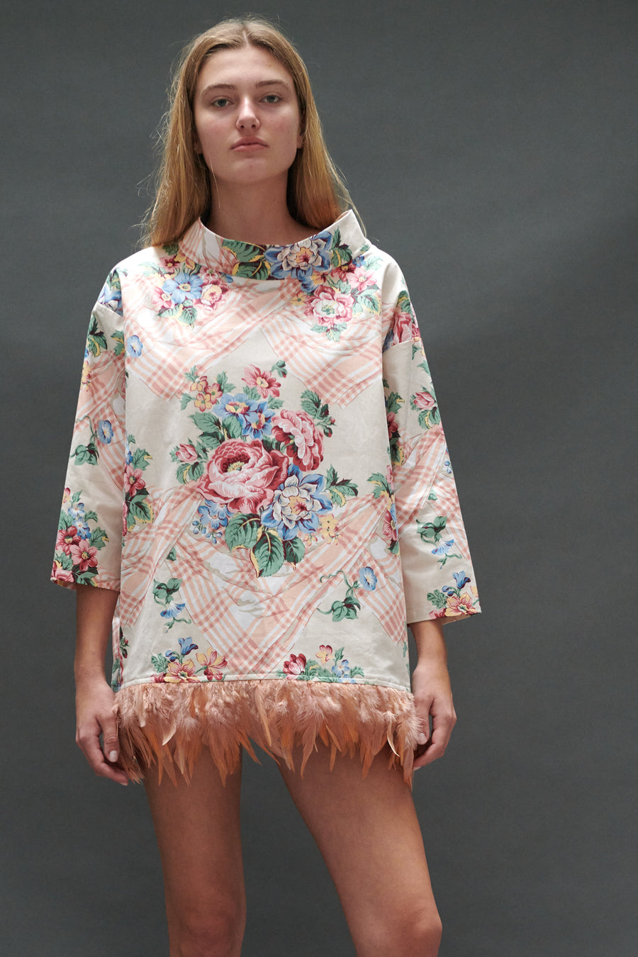 Abigail Coatdress in Trompe L'Oeil Upholstery with Pink Feathers