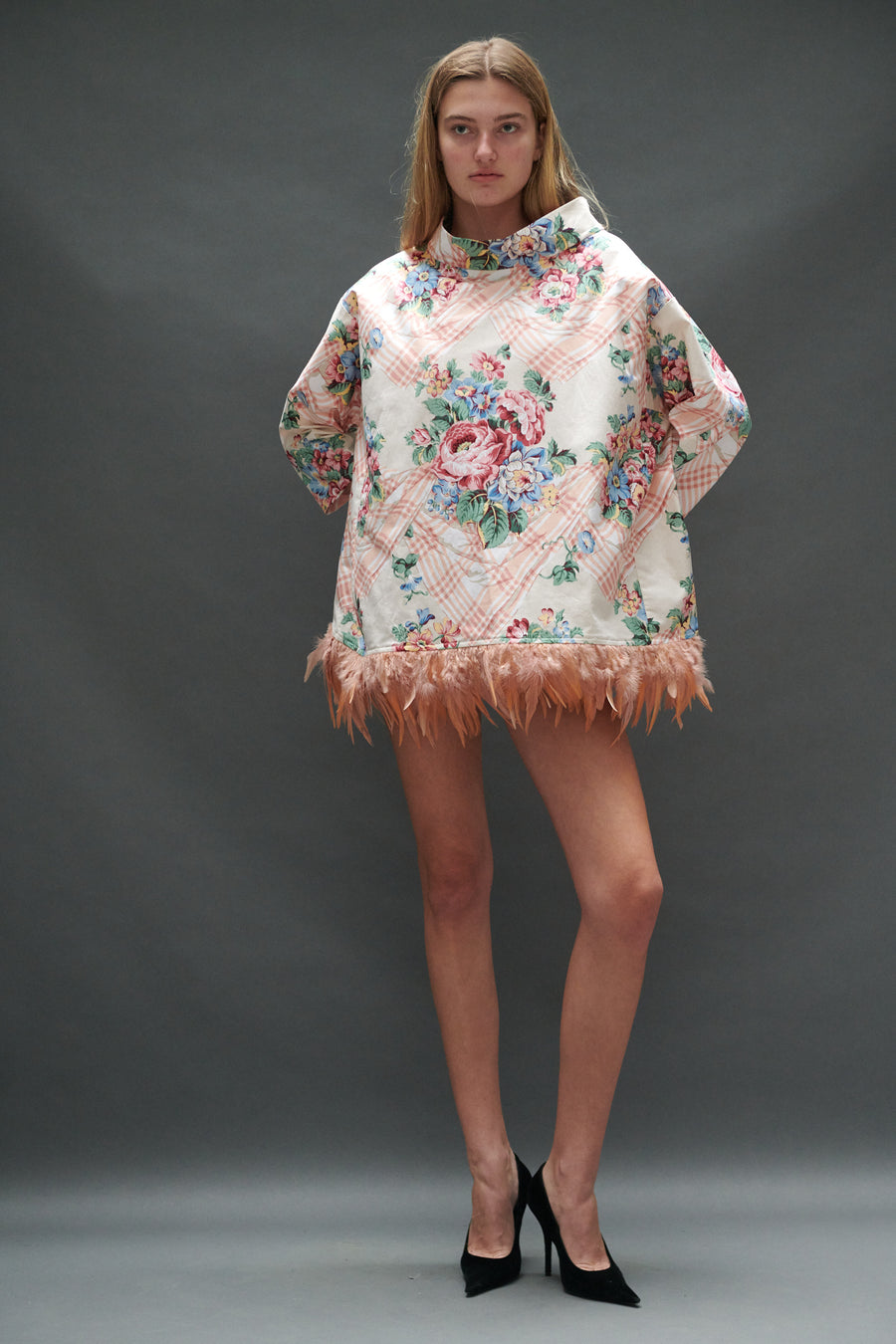 Abigail Coatdress in Trompe L'Oeil Upholstery with Pink Feathers