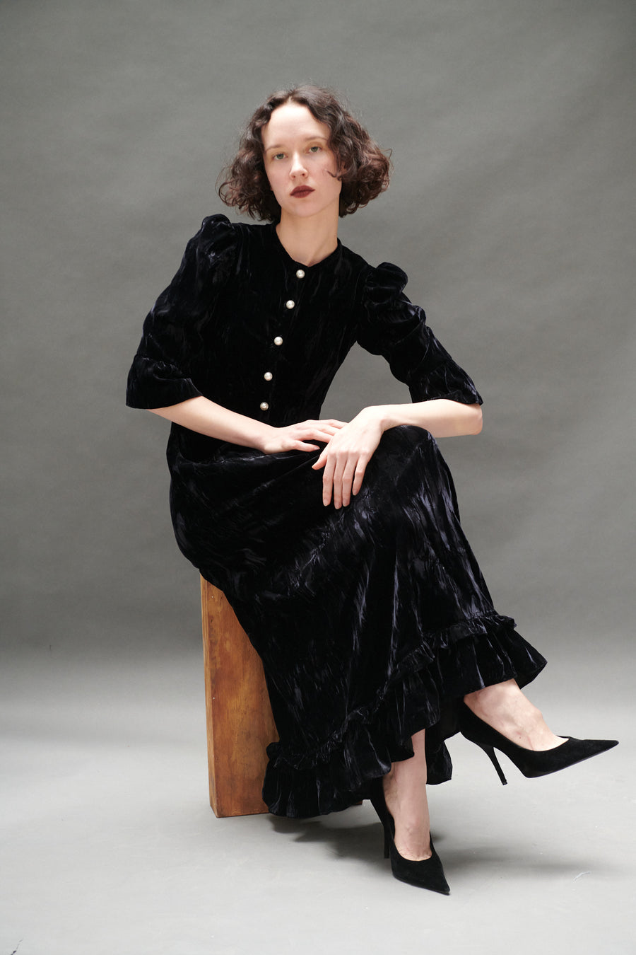 Ella Dress in Black Crushed Velvet