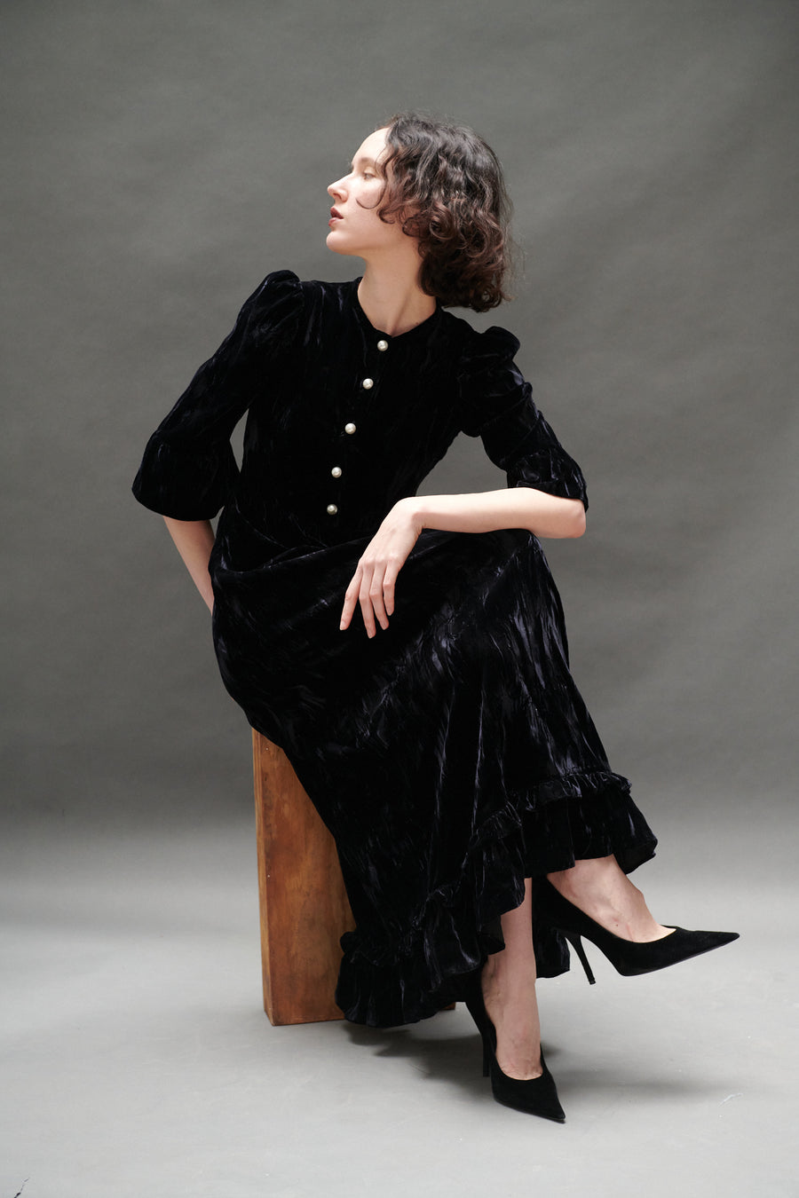 Ella Dress in Black Crushed Velvet