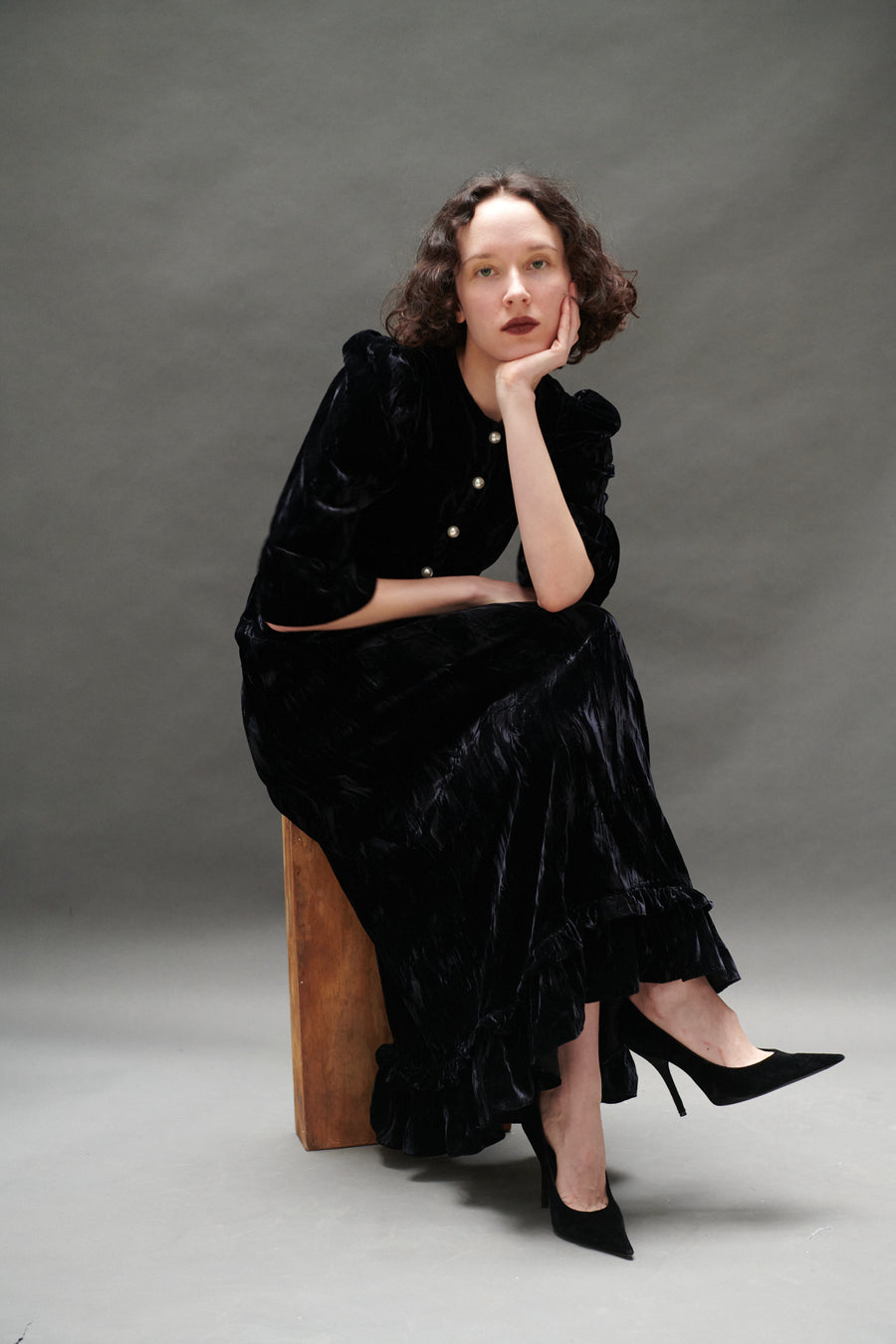 Ella Dress in Black Crushed Velvet