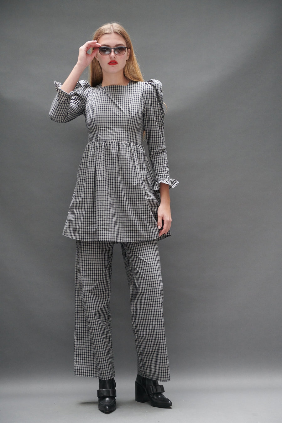 Square Neck Mini Prairie Dress in Black Tartan