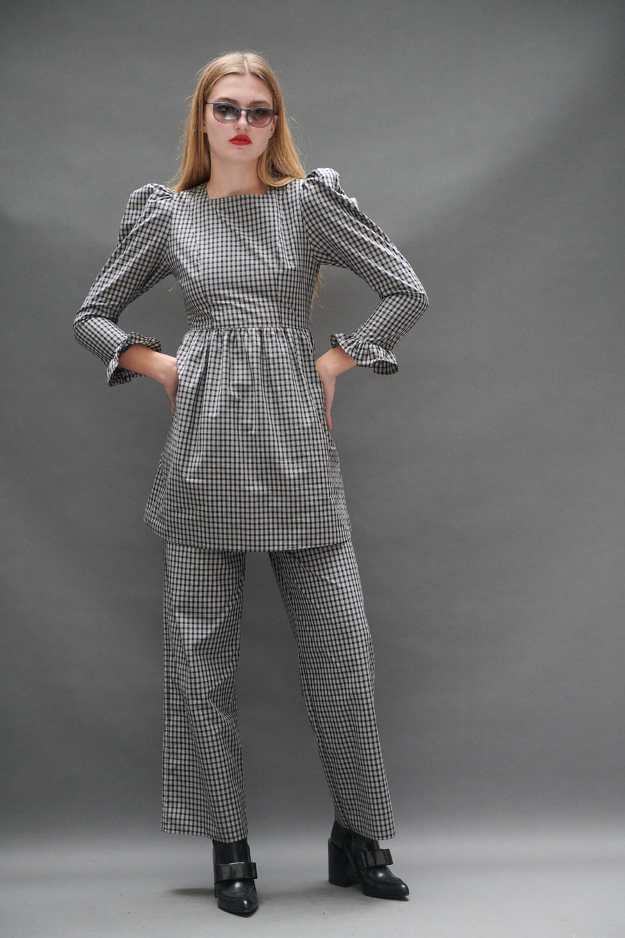 Square Neck Mini Prairie Dress in Black Tartan