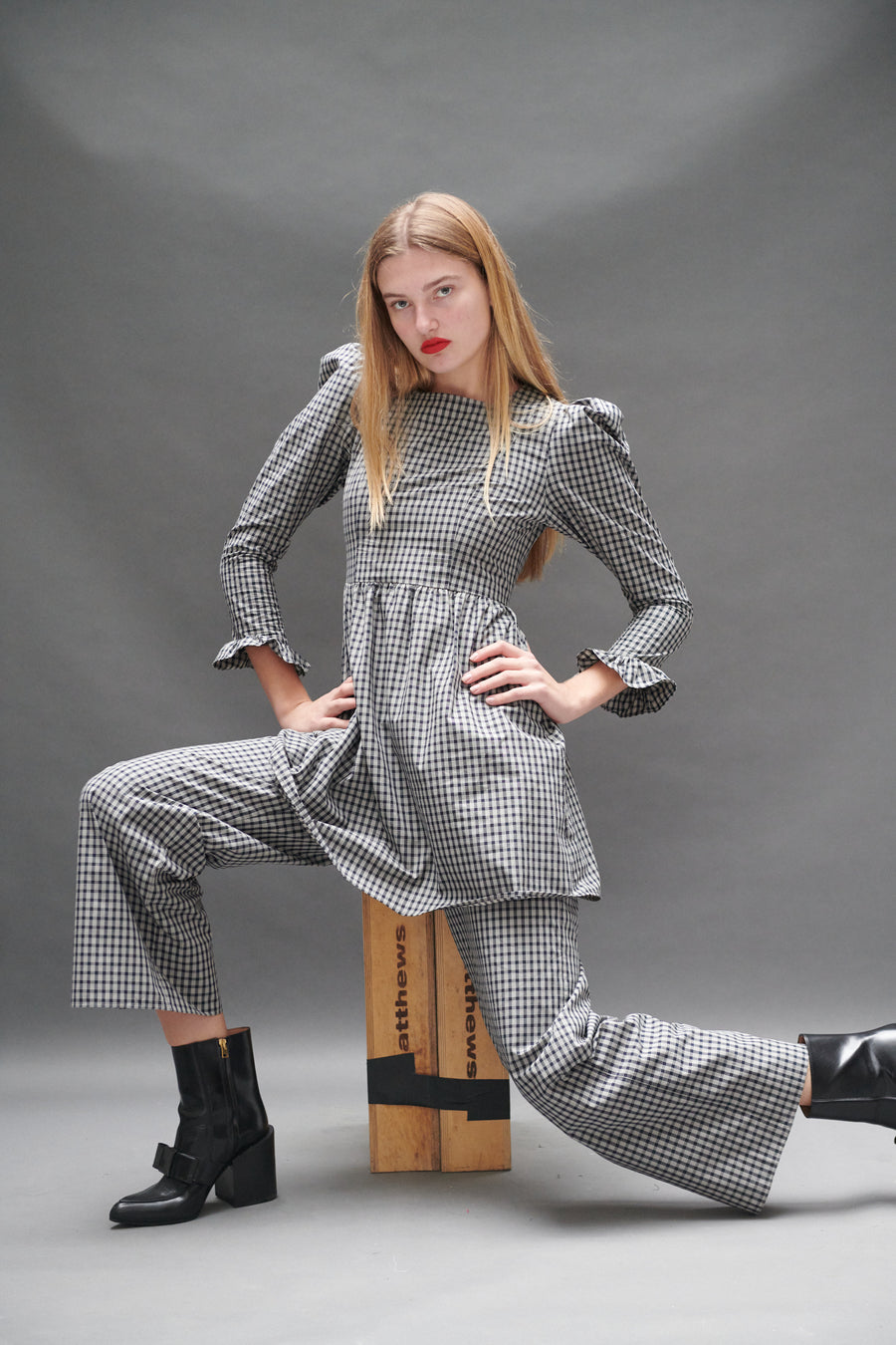 Square Neck Mini Prairie Dress in Black Tartan