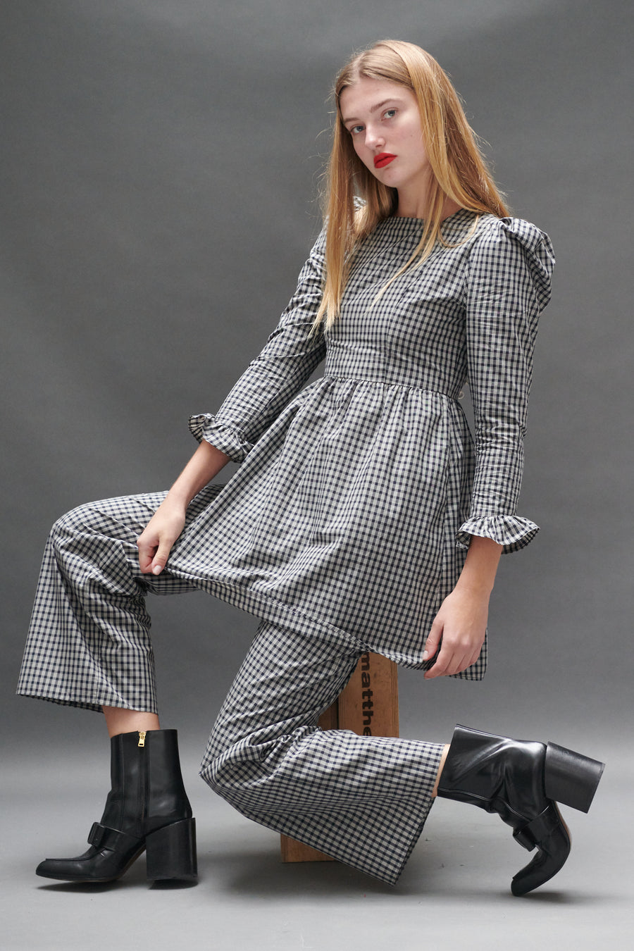 Square Neck Mini Prairie Dress in Black Tartan