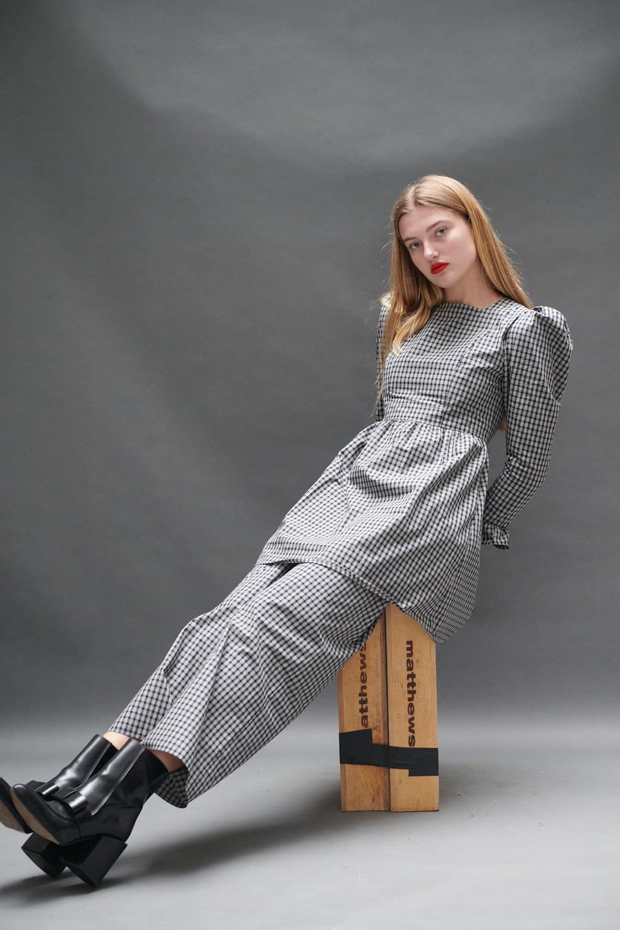 Square Neck Mini Prairie Dress in Black Tartan