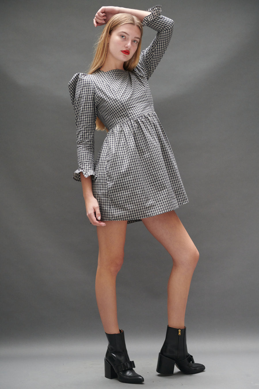 Square Neck Mini Prairie Dress in Black Tartan