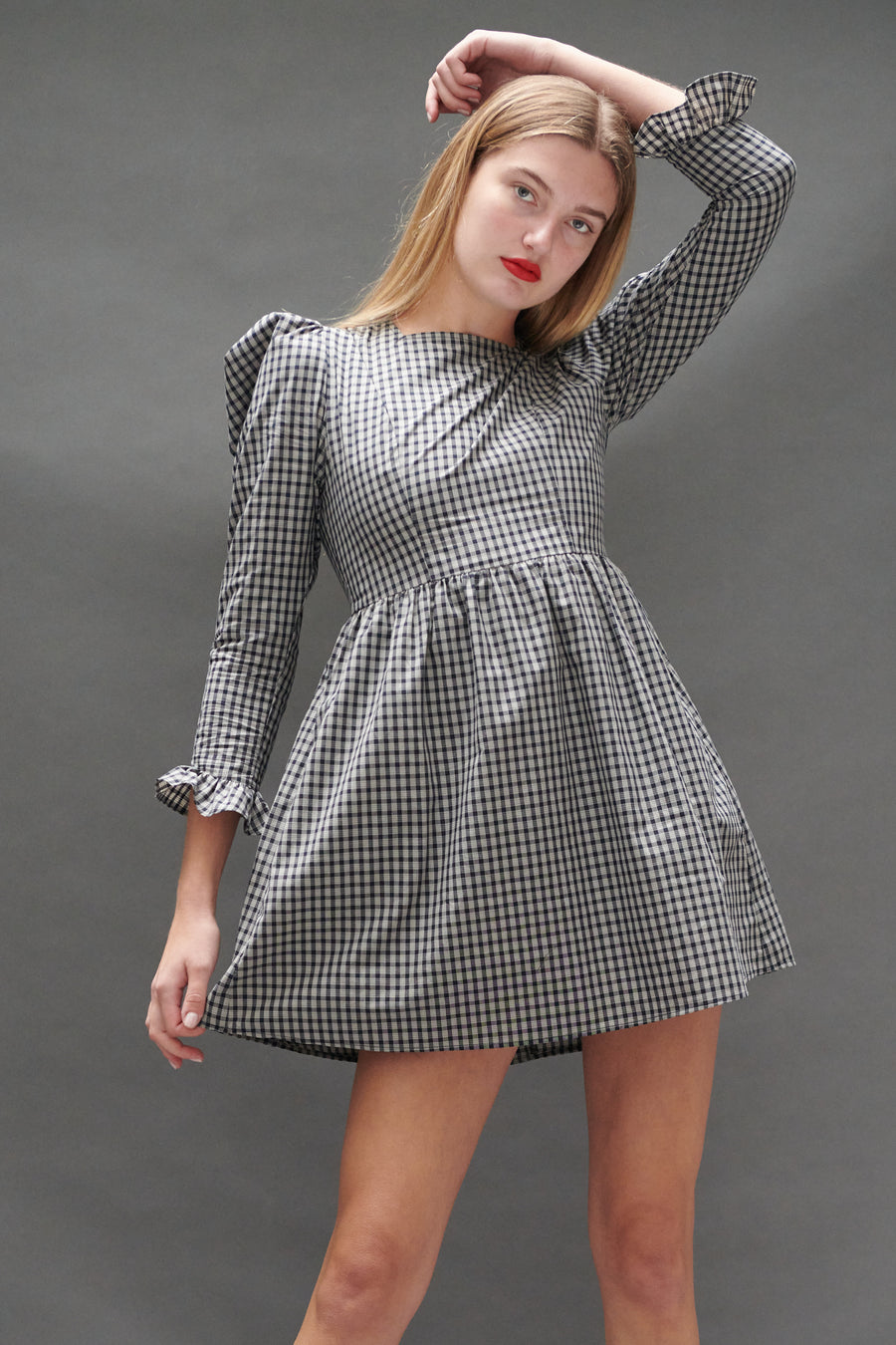 Square Neck Mini Prairie Dress in Black Tartan