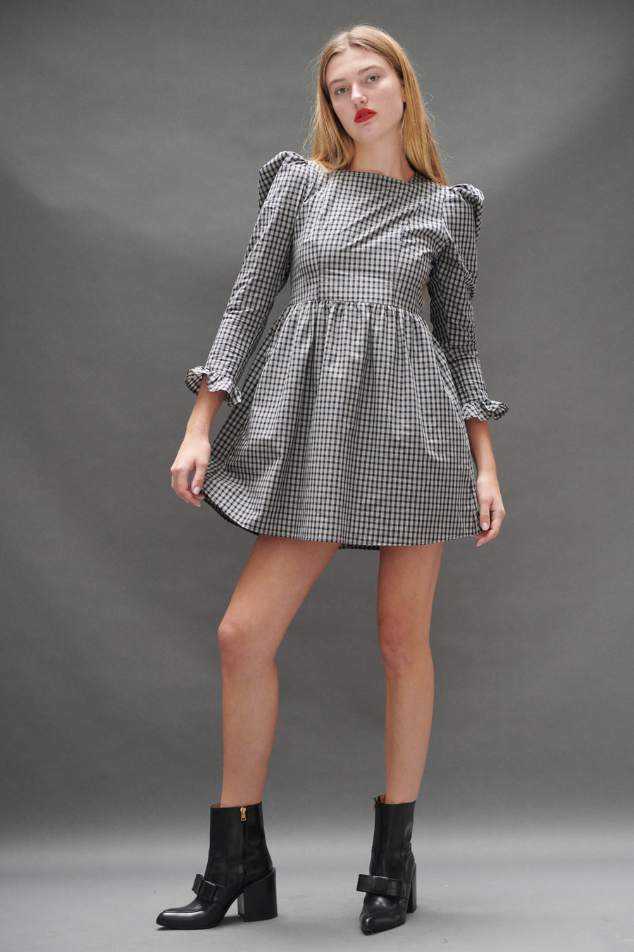 Square Neck Mini Prairie Dress in Black Tartan